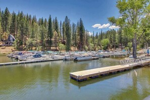 A marina with docked boats, a wooden pier, and a forested backdrop.
