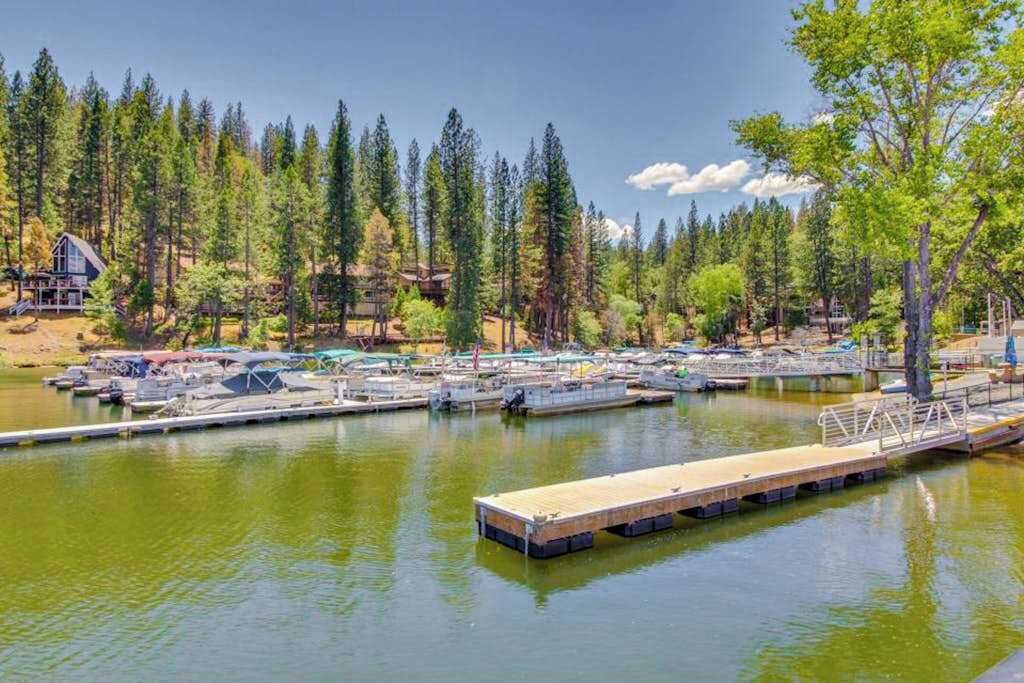 A marina with docked boats, a wooden pier, and a forested backdrop.