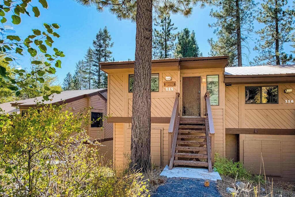 Une cabane en bois avec un escalier menant à l’entrée, entourée d’arbres.