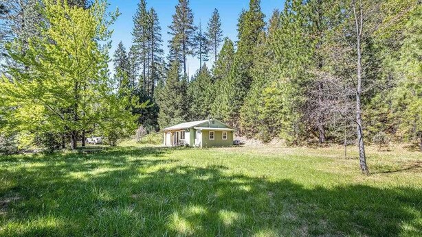 Ein kleines Blockhaus, umgeben von einem Wald, mit einer Rasenfläche davor.