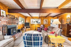 Ein gemütliches Wohnzimmer mit Kamin, bequemen Sitzgelegenheiten und Holzwänden.