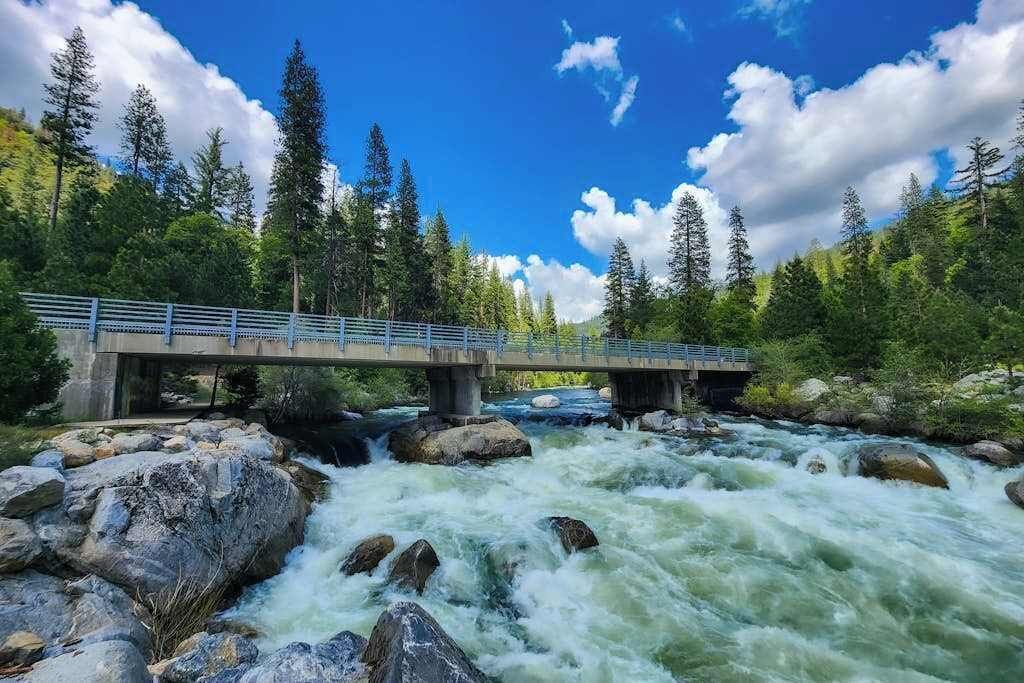 Un pont en béton enjambant une rivière à courant rapide, avec une forêt en arrière-plan.
