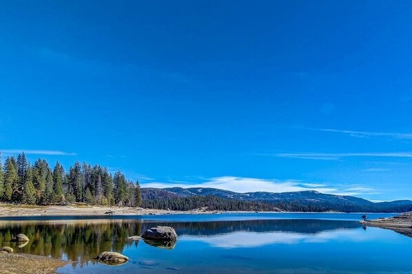 Ein klarer See mit ruhigem Wasser, umgeben von einem Wald und Bergen im Hintergrund.