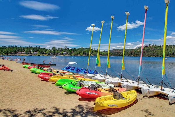 A beach with colorful kayaks and paddleboards lined up on the sand, a calm lake in the background, and a clear sky. - Forest Treasure - Pine Mountain Lake (Groveland)