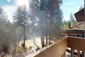 A wooden deck with a view of a forested area and a building in the background.