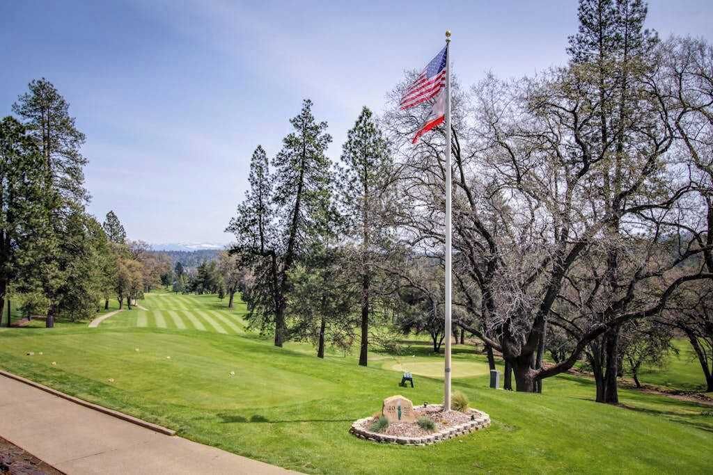 Un campo de golf con una bandera, árboles y cielo despejado.