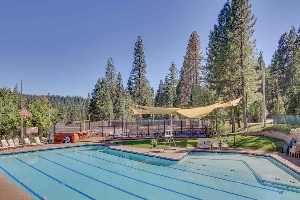 A swimming pool with a shaded area, surrounded by trees and a flag.