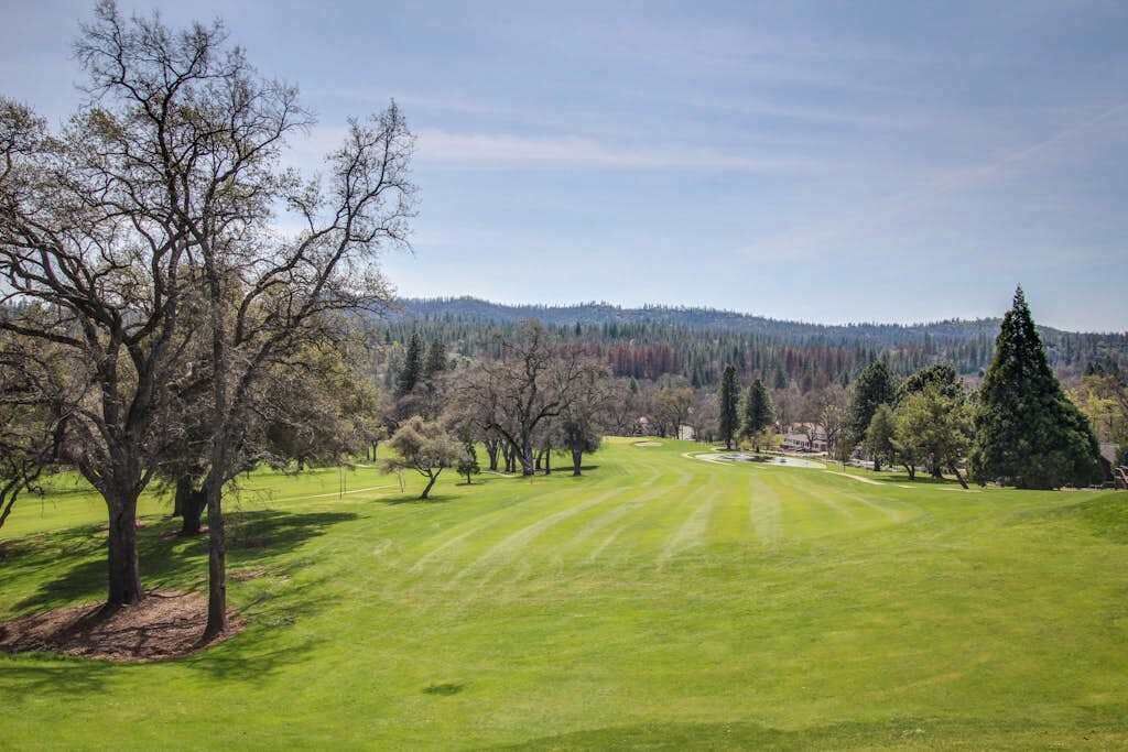 A golf course with a clear sky, trees, and a distant forested hill.