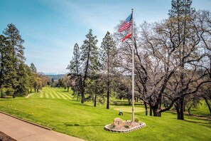 Ein Golfplatz mit Fahnenmast, Bäumen und blauem Himmel.