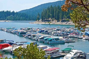 A marina with numerous boats docked, surrounded by a forested hillside. - Papa's Mountain Retreat - Shaver Lake (Shaver Lake)