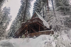 A wooden cabin with a sloped roof surrounded by snow-covered trees. - Big Trees Getaway - Big Trees Village (Dorrington)