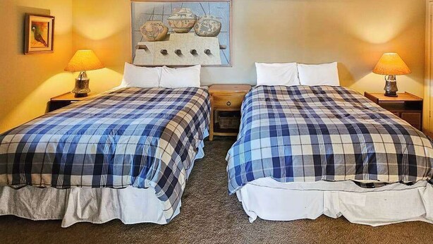 Habitación de hotel con dos camas, cada una con colcha a cuadros, un cuadro en la pared y dos lámparas de noche.