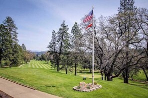 A golf course with a flagpole, trees, and a clear sky.