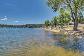 A lakeside property with a clear view of the water, a sandy beach, and a forested area in the background. - Harmony Haven - Pine Mountain Lake (Groveland)
