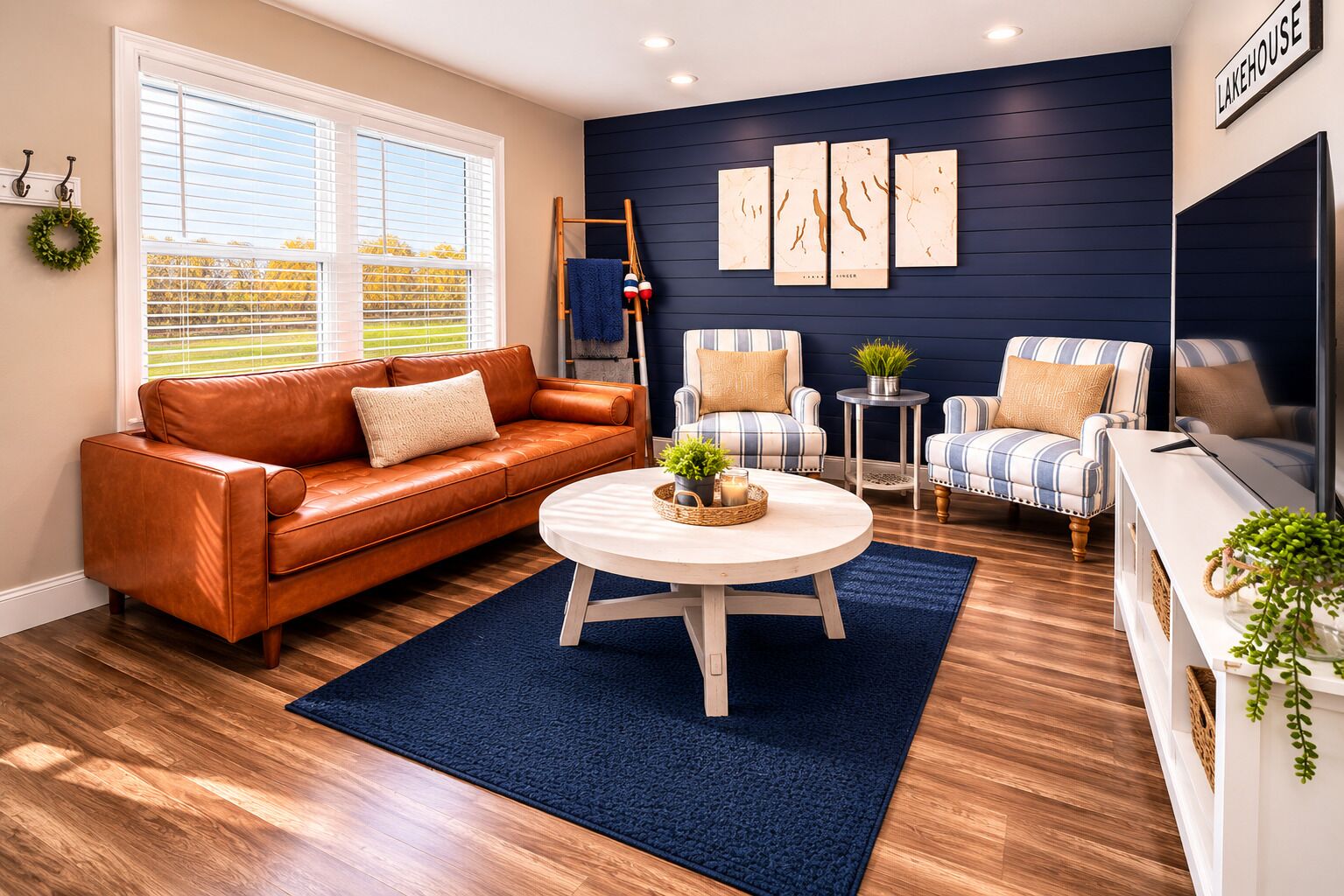 A living room with a brown leather sofa, a round coffee table, and two striped armchairs.