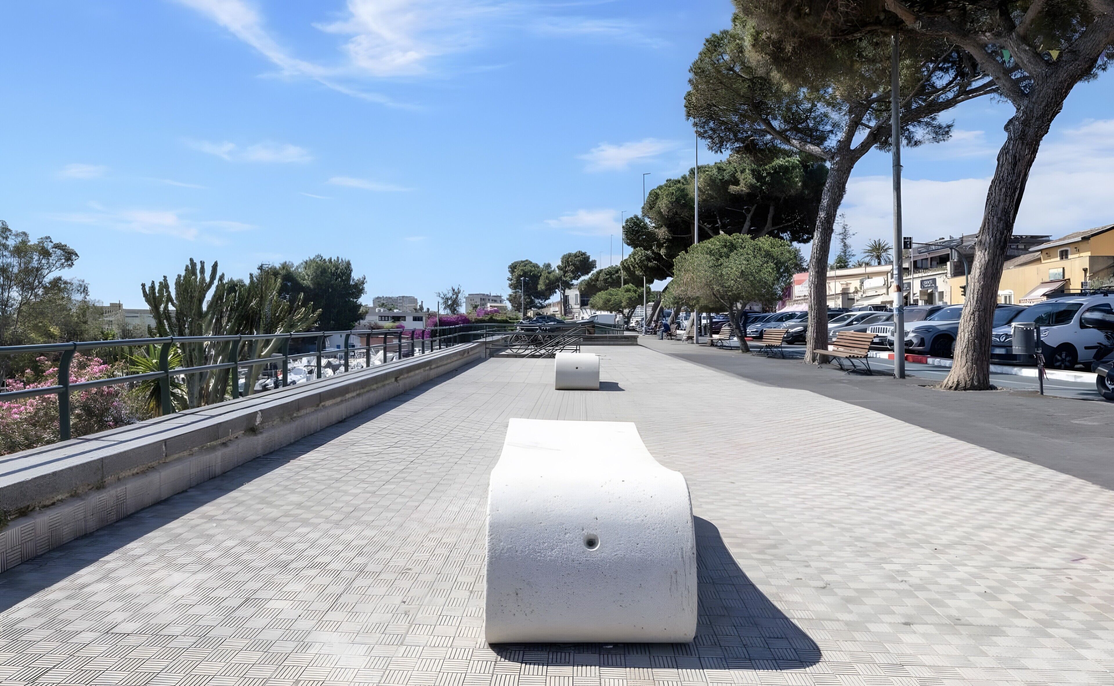 A paved walkway with benches, trees, and parked cars.