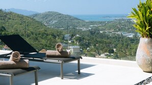 Eine Terrasse mit zwei Liegestühlen, einem Blumentopf und Blick auf eine Küstenlandschaft.