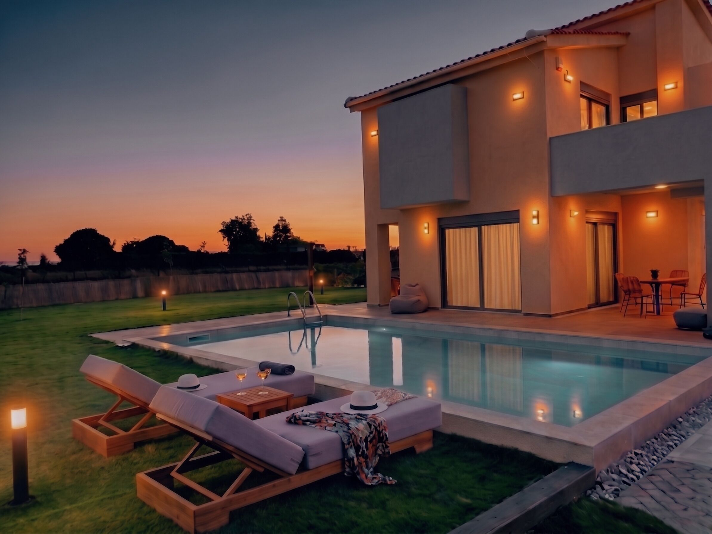 A modern house with a swimming pool, outdoor seating, and a well-lit patio area.