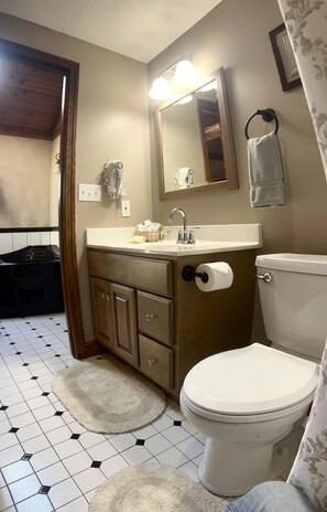 A bathroom with a toilet, sink, mirror, and a towel rack. - Romantic Queen Cottage with Jacuzzi & Fireplace (Berlin)