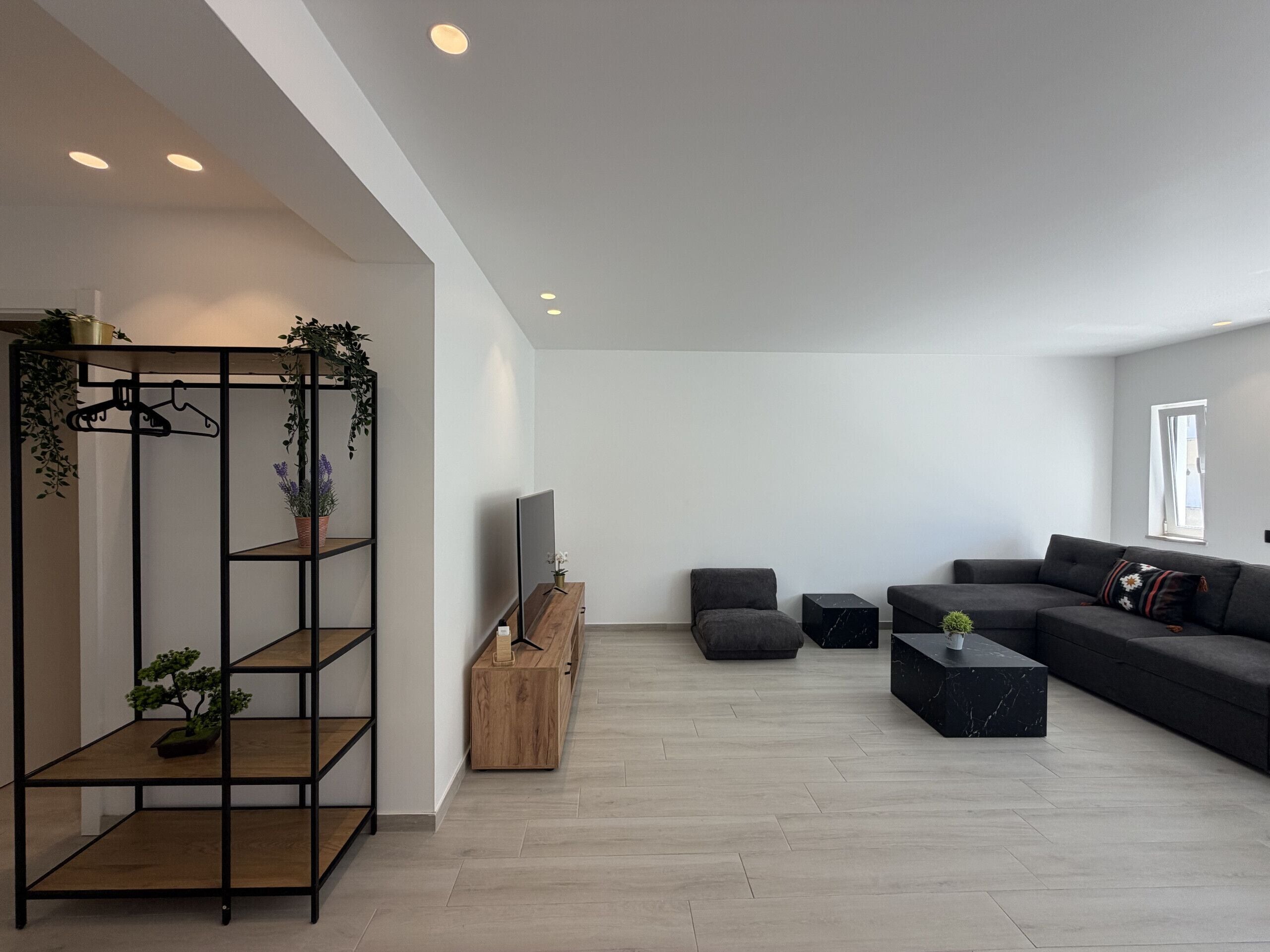Ein modernes Wohnzimmer mit einem Ecksofa, einem Fernseher, einem Holztische und einem schwarzen Regal mit Pflanzen.