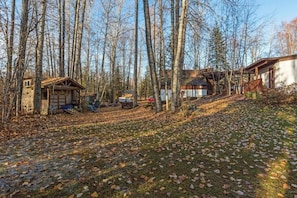 A rustic cabin with a wooden exterior, surrounded by a forested area with leaf-covered ground.
