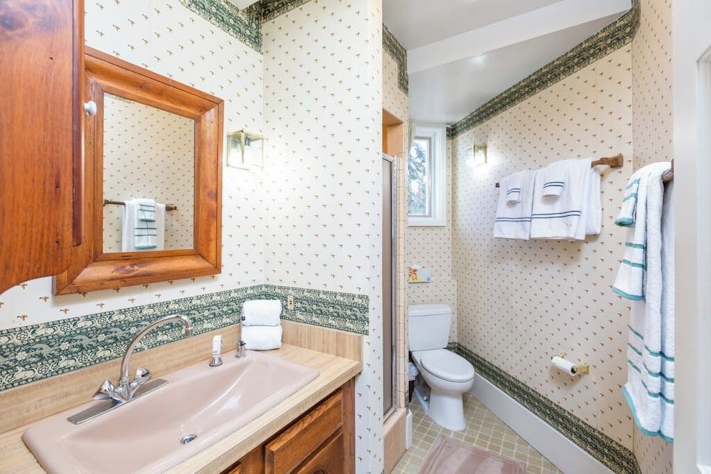 A bathroom with a sink, mirror, and toilet.