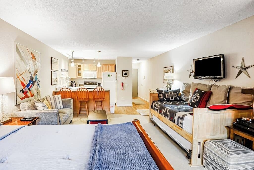 A compact living space with a kitchenette, a sofa, a bed, and a television.