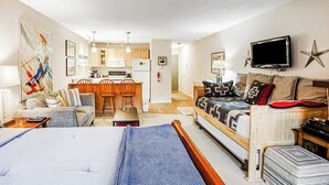 A compact living space with a kitchenette, a sofa, a bed, and a television. - Budget-friendly Studio Near Alyeska Lifts (Girdwood)