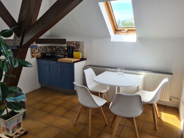 A small kitchen with a dining area, a skylight, and a potted plant.