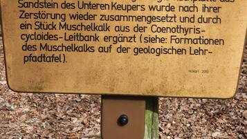 Een bord met tekst in het Duits, bevestigd aan een houten paal, in een natuurlijke omgeving met bomen en gevallen bladeren.