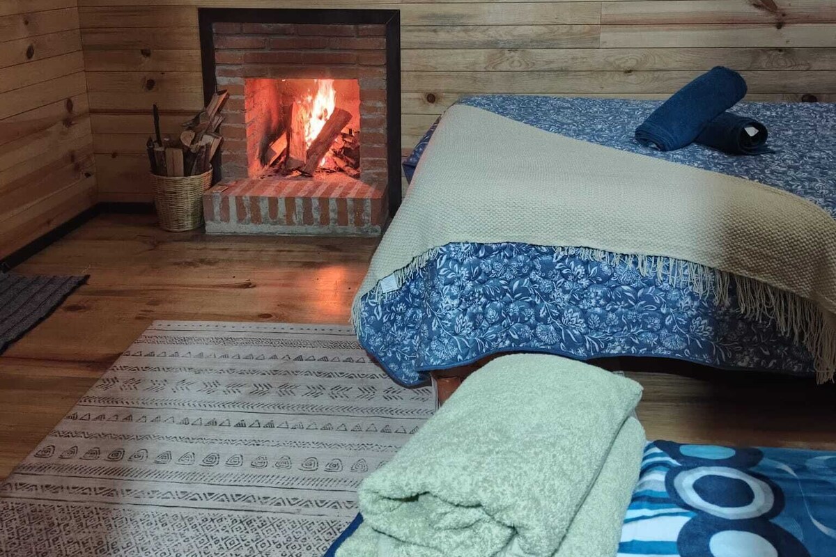 Una habitación acogedora con chimenea, una cama con ropa de cama estampada y una alfombra tejida.