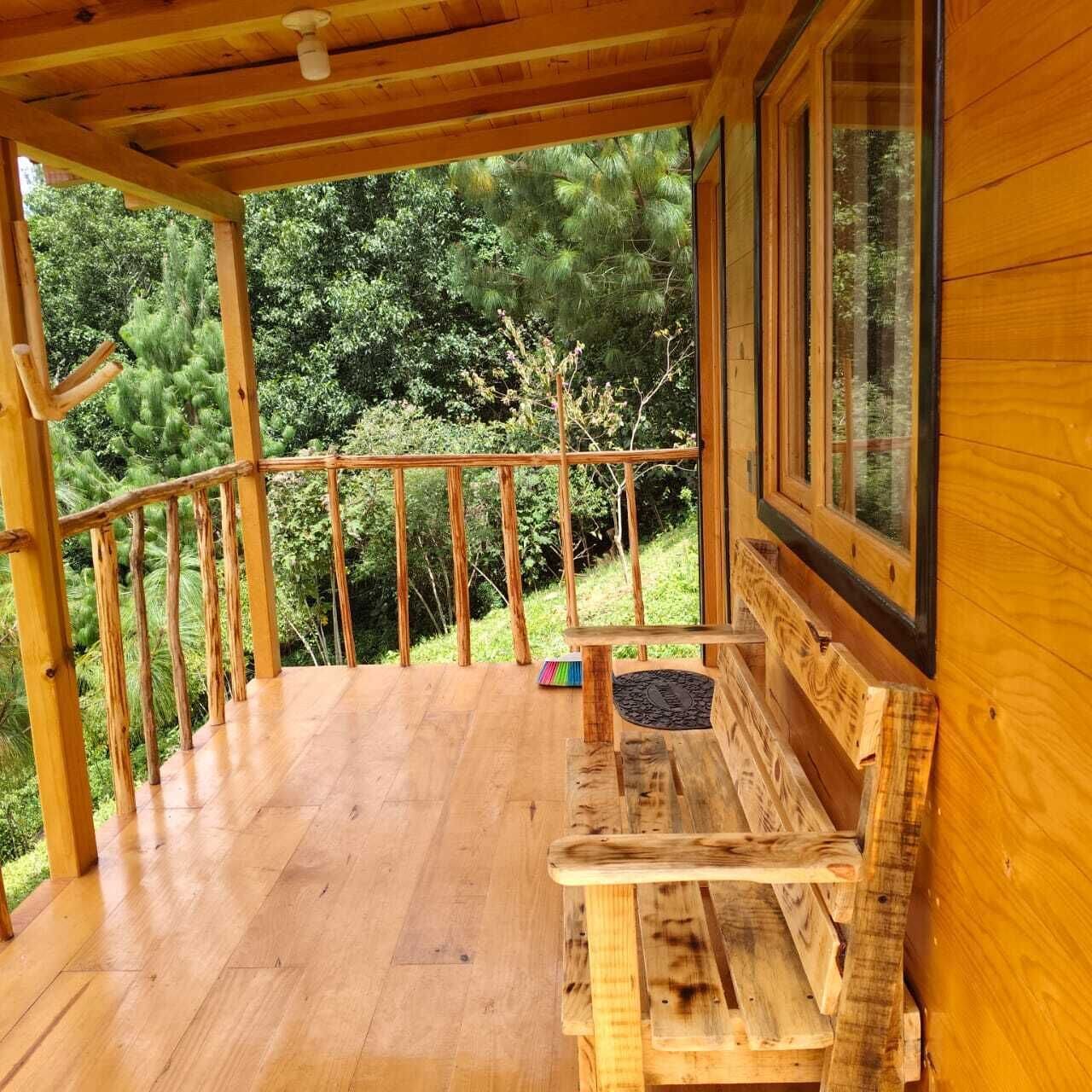A wooden deck with a bench and a view of a forest.