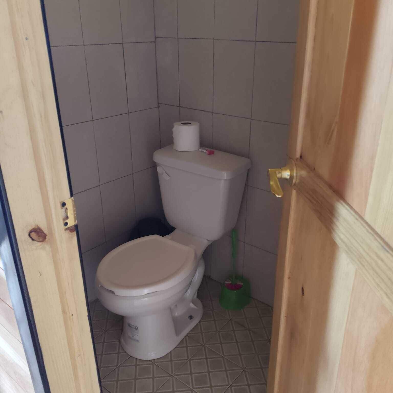 Un baño pequeño con azulejos, un inodoro, un rollo de papel higiénico y un cepillo de limpieza verde.