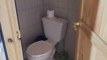 Un baño pequeño con azulejos, un inodoro, un rollo de papel higiénico y un cepillo de limpieza verde.