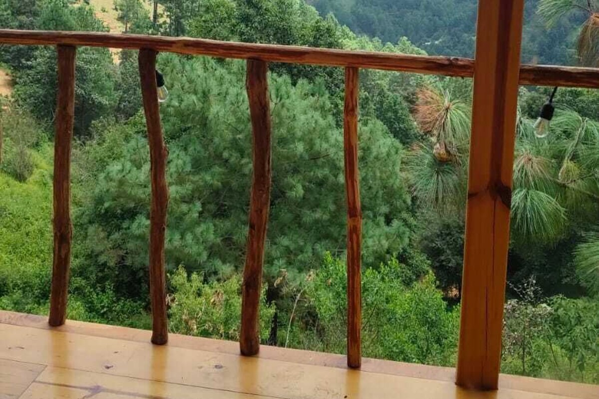 Un balcón de madera con vistas a un paisaje boscoso.