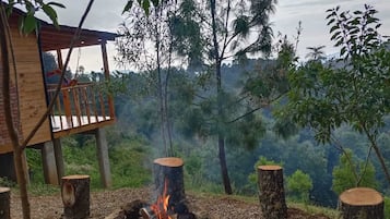 Une terrasse en bois avec un foyer, entourée de souches d’arbres, le tout se fondant dans un paysage boisé.