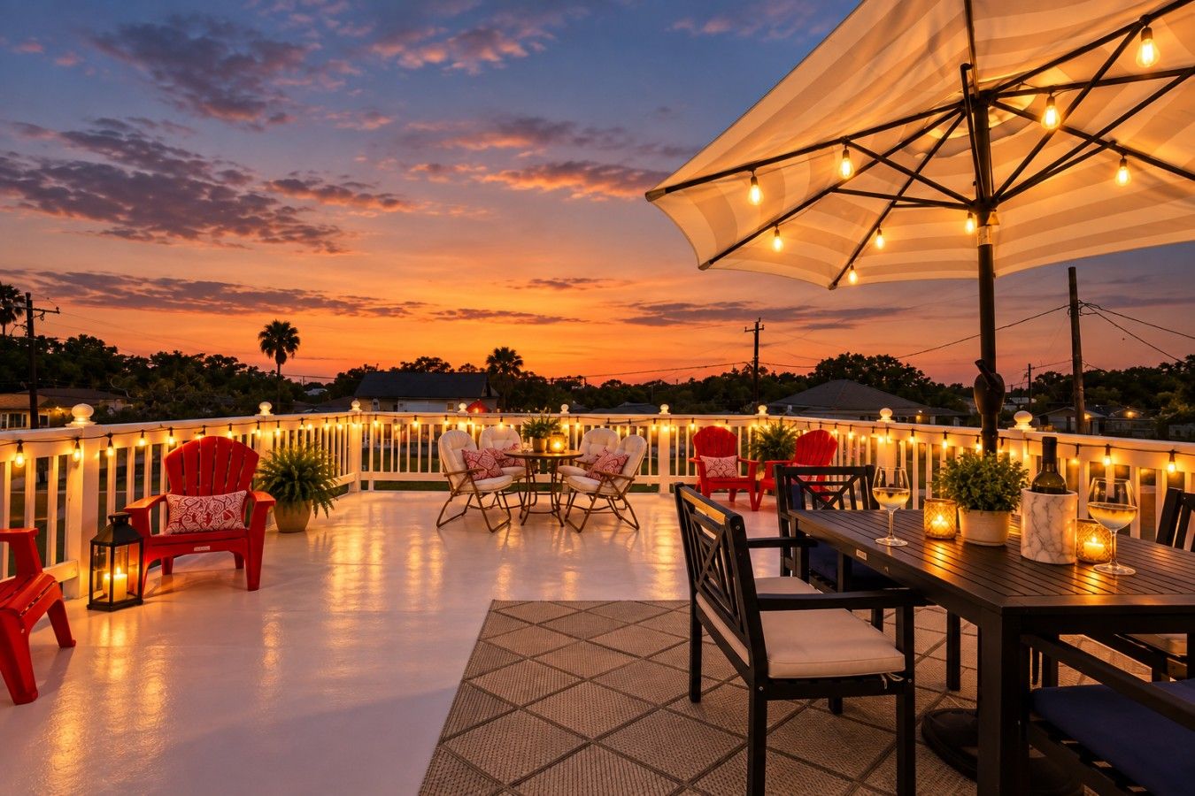 Eine Terrasse im Freien mit Tisch, Stühlen, Lichterketten und Blick auf den Sonnenuntergang.