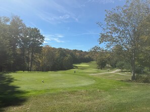 Un campo de golf con cielo despejado, árboles y césped cuidado.
