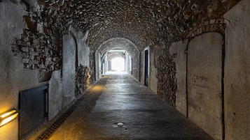 Ein steinerner Tunnel mit rauer Struktur, der zu einem helleren Bereich am Ende führt.