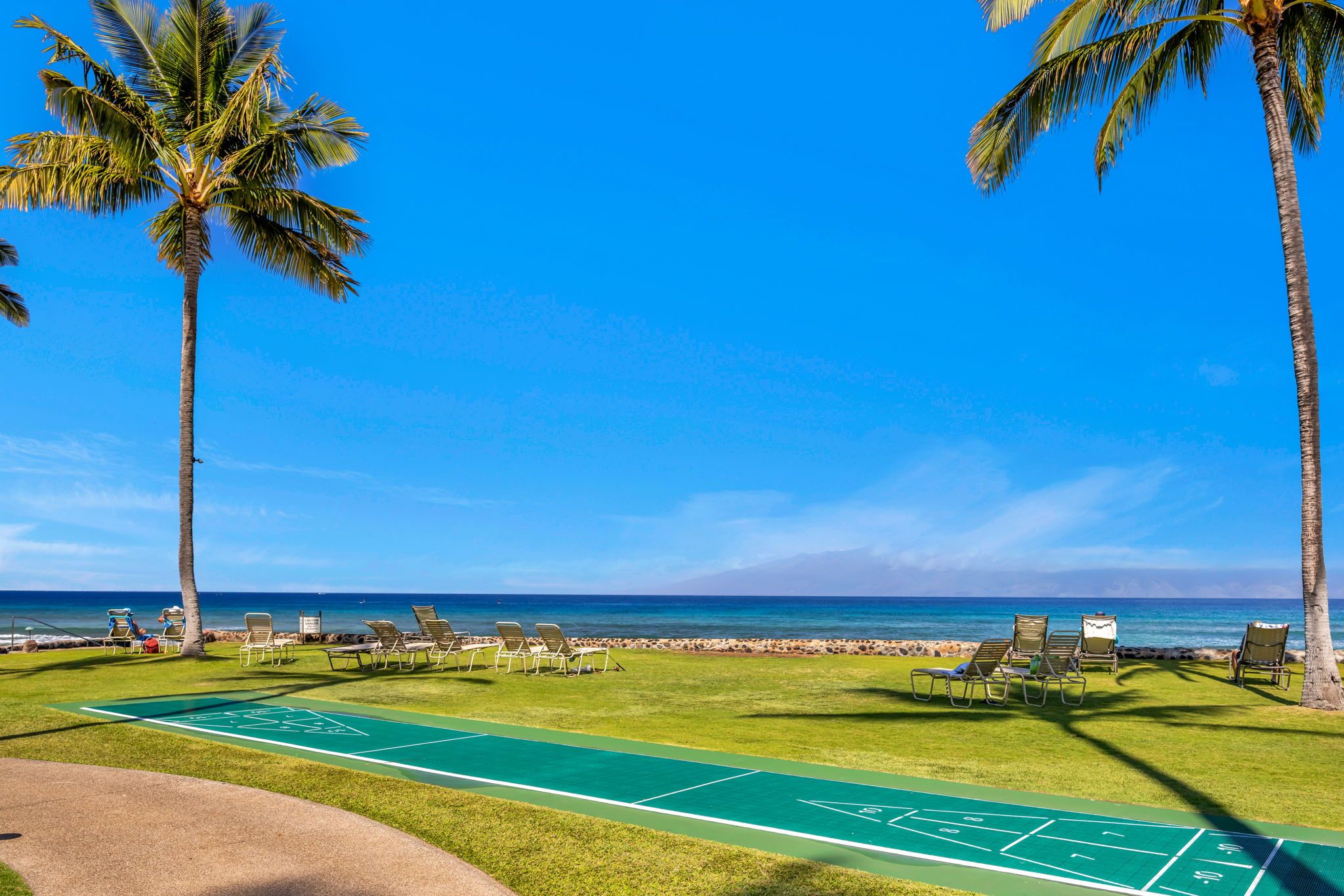 A sunny outdoor area with a shuffleboard court, lounge chairs, and palm trees.