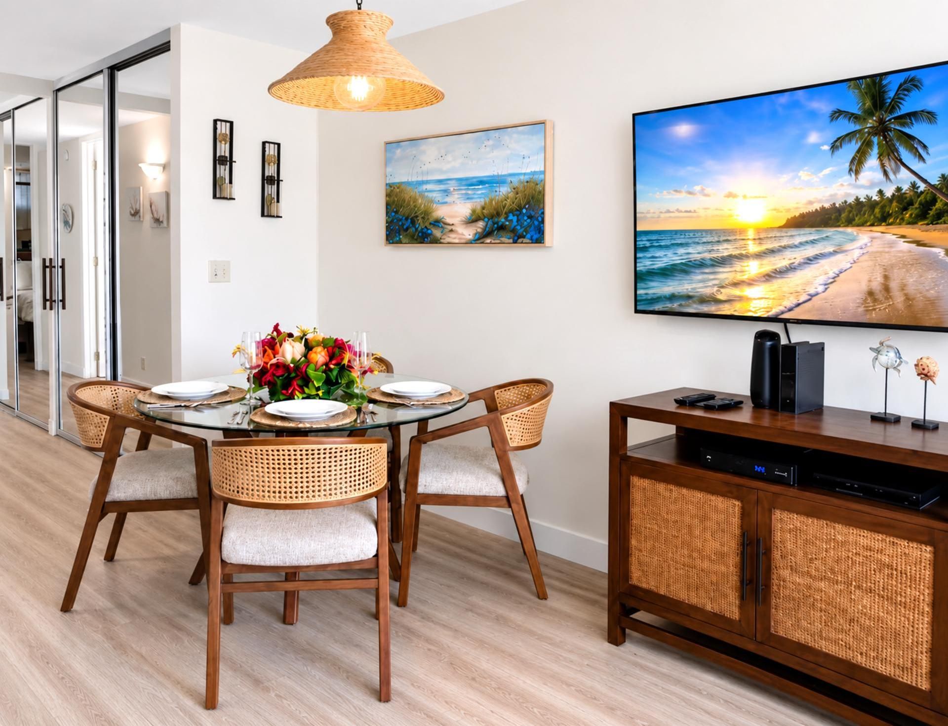 Un comedor con una mesa redonda, cuatro sillas, un jarrón de flores y un televisor sobre un mueble de madera.