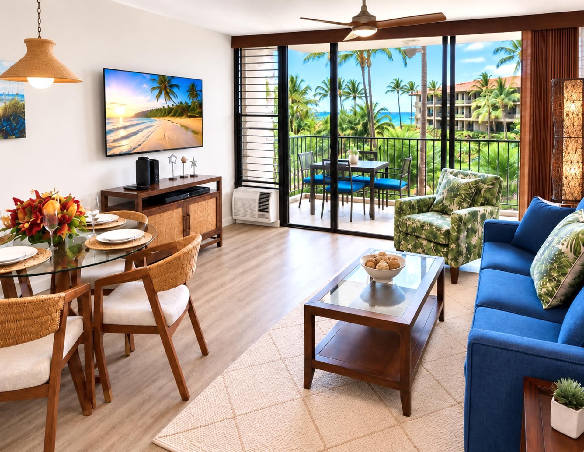 A modern living room with a dining area, a large TV, and a view of a tropical landscape through the balcony doors.