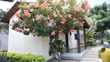 A building with a garden area, a pathway, and a small structure with a roof.