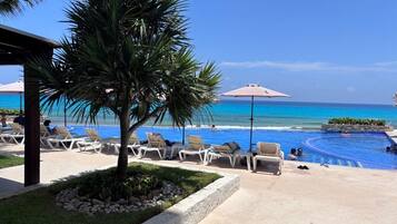 Un espace piscine avec des chaises longues et des parasols, un palmier et une vue sur l’océan.