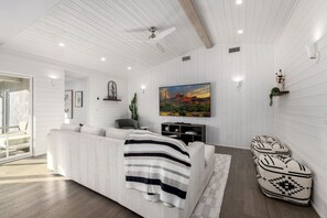 A modern living room with a large sofa, a television, and a cactus plant. - Pickleball Ball Paradise (Phoenix)