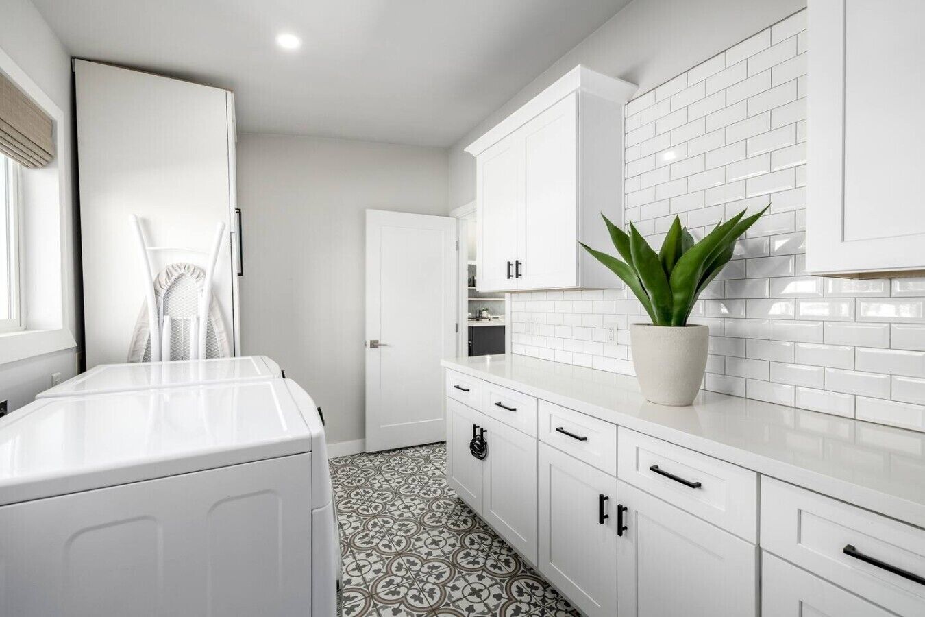 A modern kitchen with white cabinetry, a potted plant, and patterned floor tiles.
