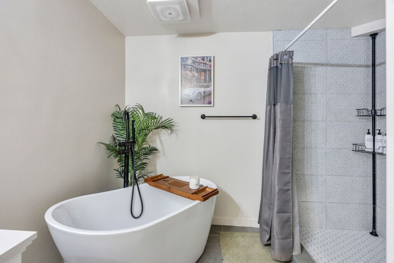 Een badkamer met een vrijstaand bad, een douchegordijn en een potplant.