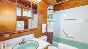 Un baño con detalles de madera, un lavamanos, un inodoro y una zona de ducha.