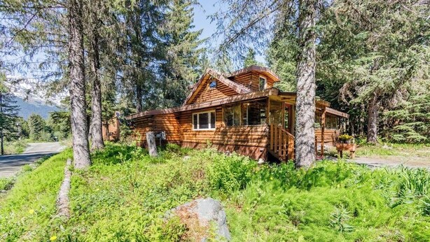 Une cabane en bois entourée d’une forêt dense, avec un ciel dégagé et une route à proximité.