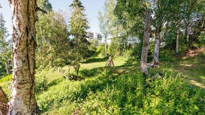 A natural outdoor area with trees, grass, and a wooden structure. - Full Downtown Anchorage Triplex for Large Groups (Anchorage)
